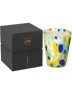 Grande Bougie extra longue durée seventies Mélange frais White Tea 95 H Verre Bleu Jaune Moucheté Cire Noa 