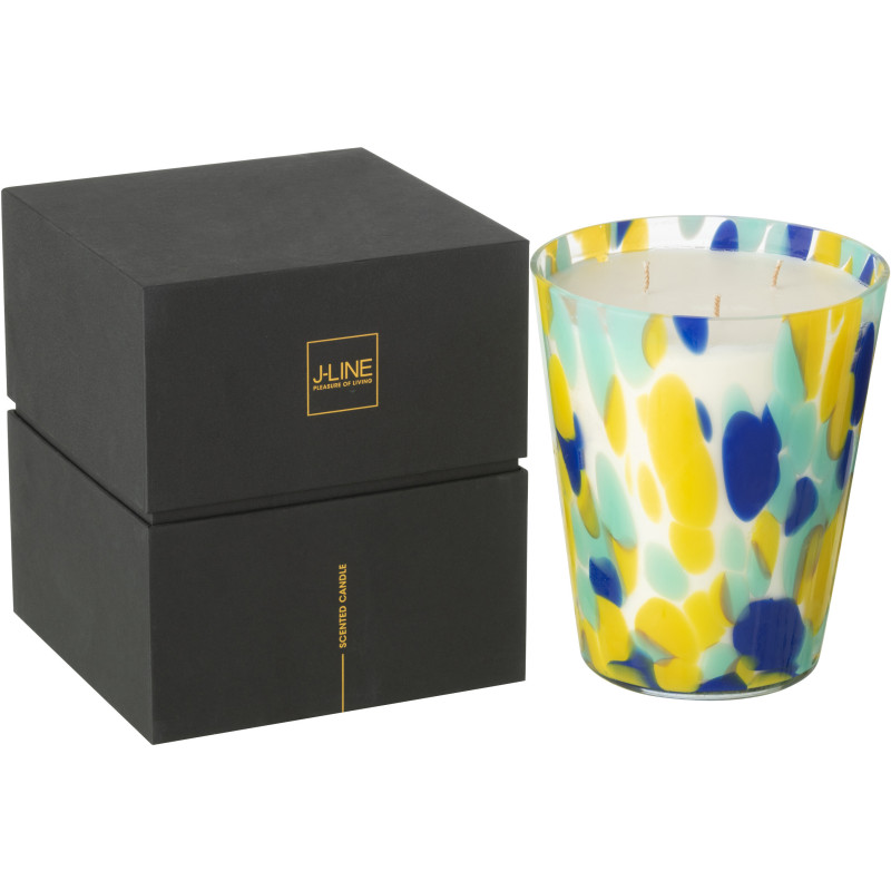 Grande Bougie extra longue durée seventies Mélange frais White Tea 95 H Verre Bleu Jaune Moucheté Cire Noa 