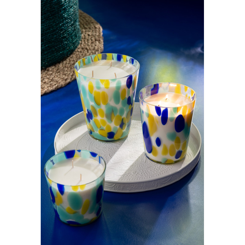 Grande Bougie extra longue durée seventies Mélange frais White Tea 95 H Verre Bleu Jaune Moucheté Cire Noa 