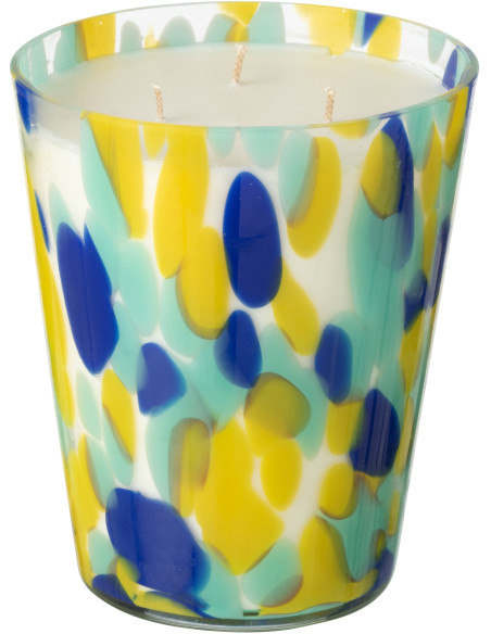 Grande Bougie extra longue durée seventies Mélange frais White Tea 95 H Verre Bleu Jaune Moucheté Cire Noa 