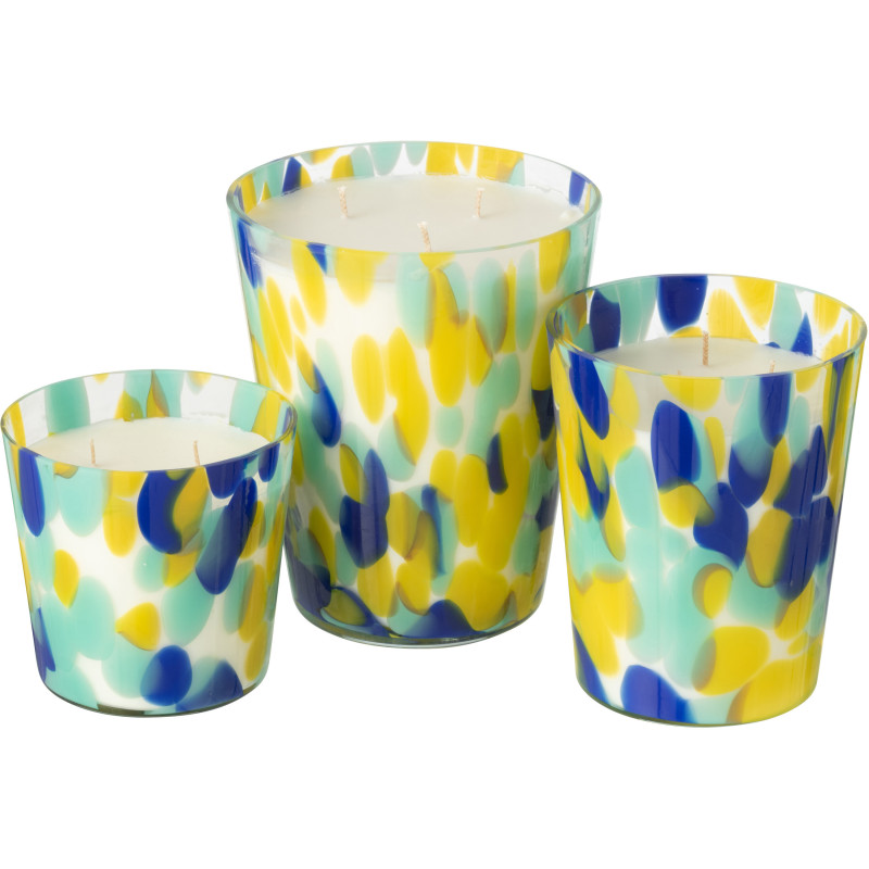 Grande Bougie extra longue durée seventies Mélange frais White Tea 95 H Verre Bleu Jaune Moucheté Cire Noa 