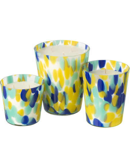 Grande Bougie extra longue durée seventies Mélange frais White Tea 95 H Verre Bleu Jaune Moucheté Cire Noa 