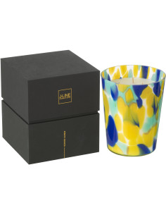 Bougie longue durée seventies Mélange frais White Tea 68 H Verre Bleu Jaune Moucheté Cire Noa 