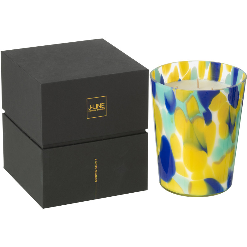 Bougie longue durée seventies Mélange frais White Tea 68 H Verre Bleu Jaune Moucheté Cire Noa 