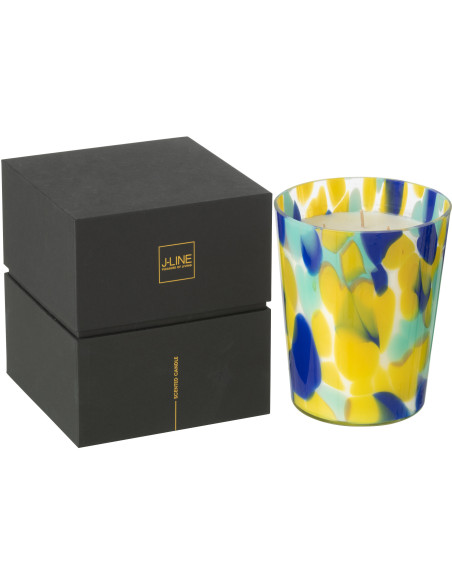 Bougie longue durée seventies Mélange frais White Tea 68 H Verre Bleu Jaune Moucheté Cire Noa 