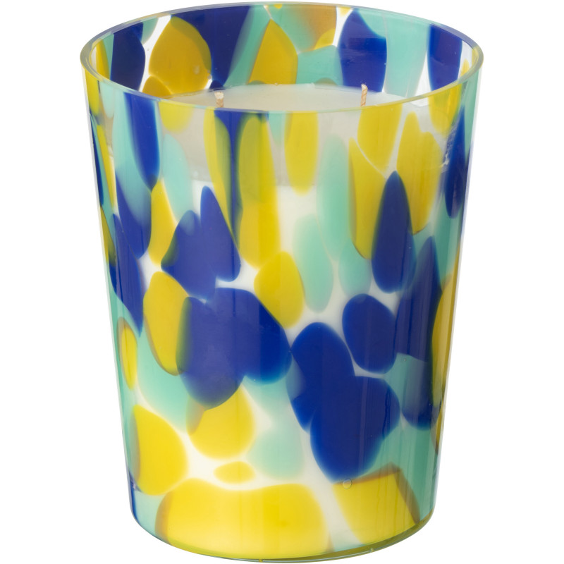 Bougie longue durée seventies Mélange frais White Tea 68 H Verre Bleu Jaune Moucheté Cire Noa 