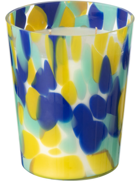 Bougie longue durée seventies Mélange frais White Tea 68 H Verre Bleu Jaune Moucheté Cire Noa 