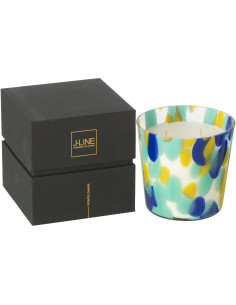 Bougie longue durée seventies Mélange frais White Tea 50 H Verre Bleu Jaune Moucheté Cire Noa 