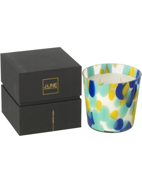 Bougie longue durée seventies Mélange frais White Tea 50 H Verre Bleu Jaune Moucheté Cire Noa 