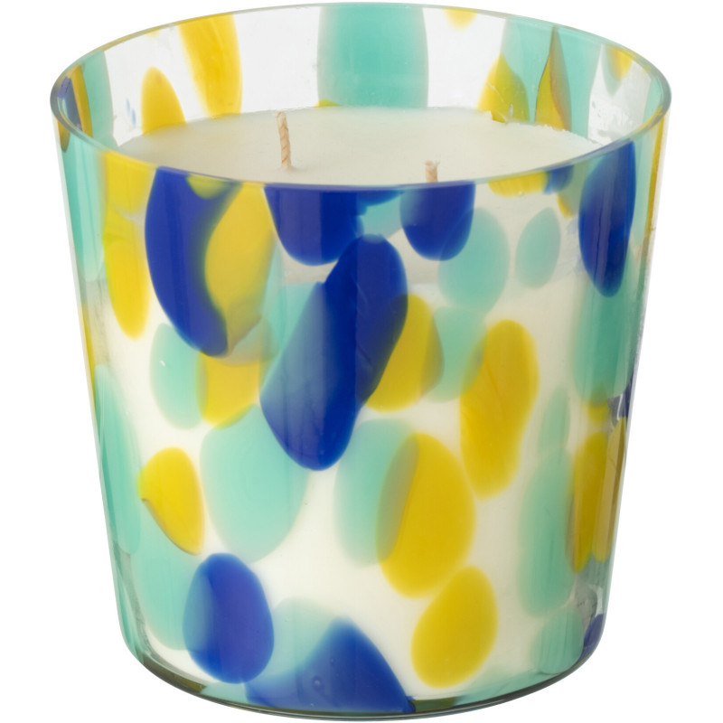 Bougie longue durée seventies Mélange frais White Tea 50 H Verre Bleu Jaune Moucheté Cire Noa 