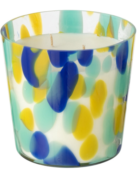 Bougie longue durée seventies Mélange frais White Tea 50 H Verre Bleu Jaune Moucheté Cire Noa 