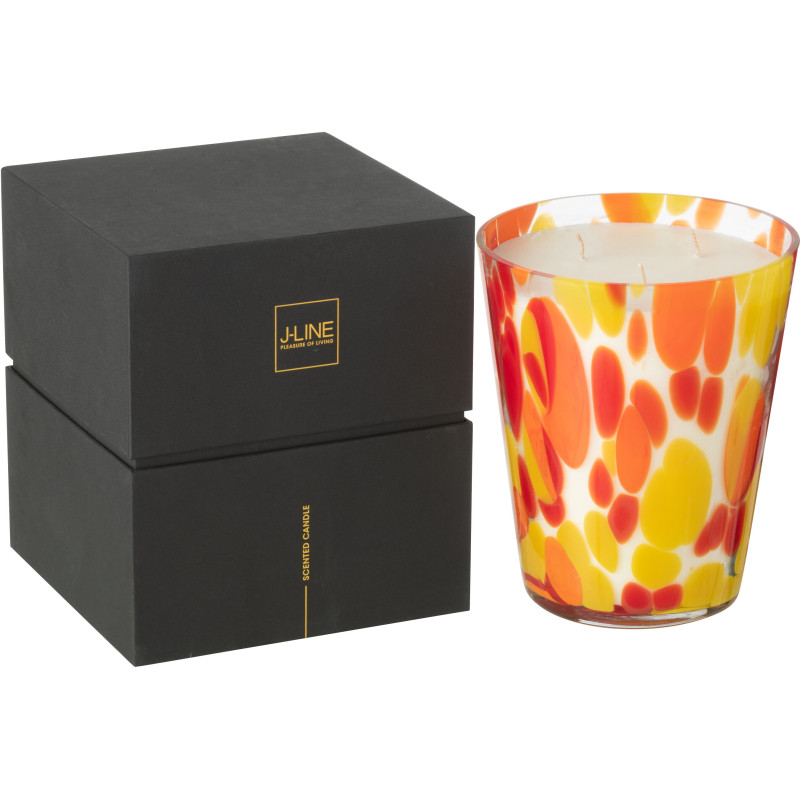 Grande Bougie extra longue durée seventies Mélange oriental Wild Protea & Rhubarb 95 H Verre Orange Jaune Moucheté Cire Noa 