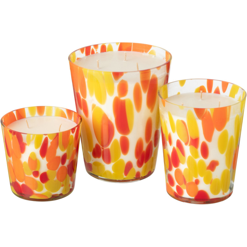 Grande Bougie extra longue durée seventies Mélange oriental Wild Protea & Rhubarb 95 H Verre Orange Jaune Moucheté Cire Noa 