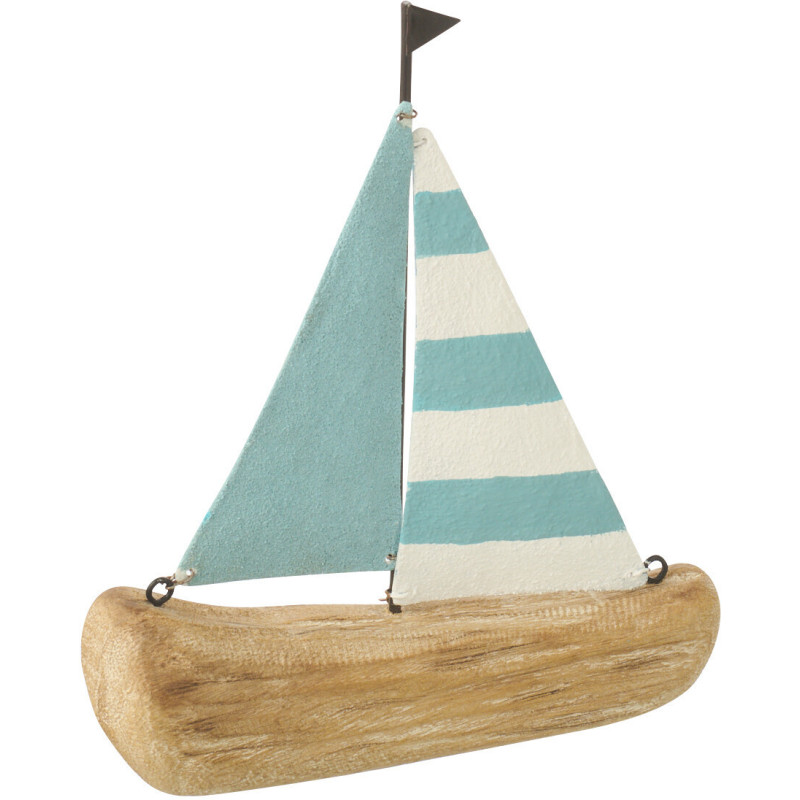 Voilier déco bord de mer H 19 cm Bois de paulownia Bleu clair Blanc Naturel Nautina 