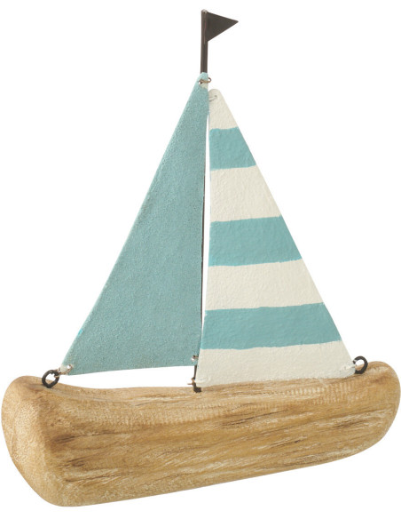 Voilier déco bord de mer H 19 cm Bois de paulownia Bleu clair Blanc Naturel Nautina 