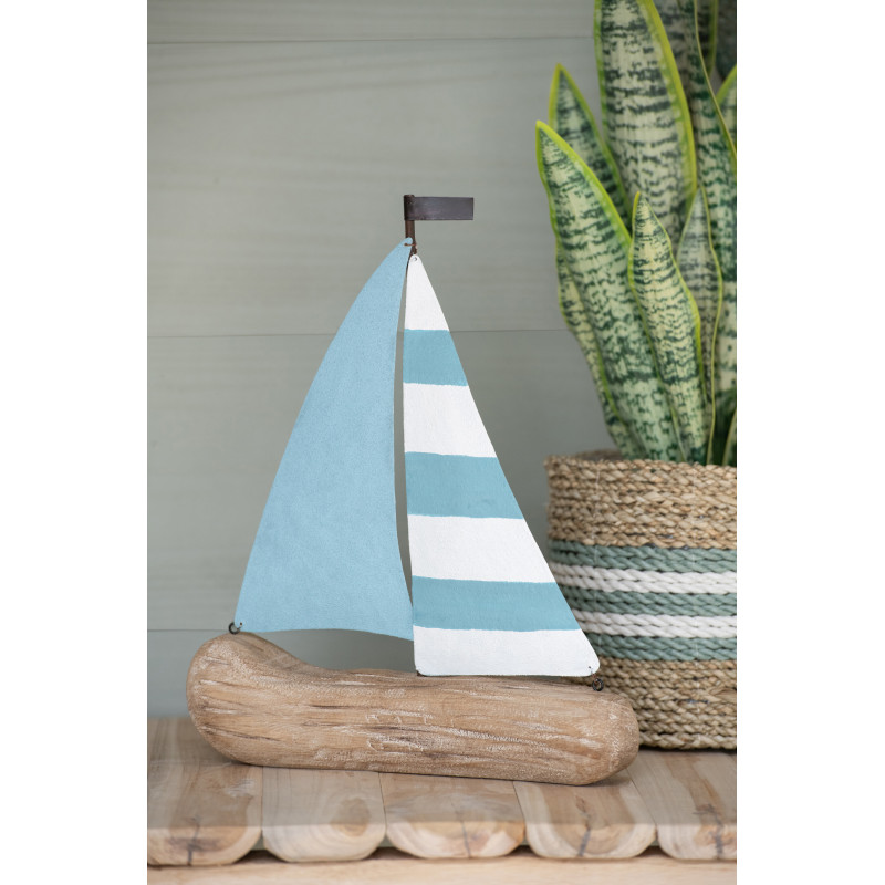 Voilier déco bord de mer H 19 cm Bois de paulownia Bleu clair Blanc Naturel Nautina 