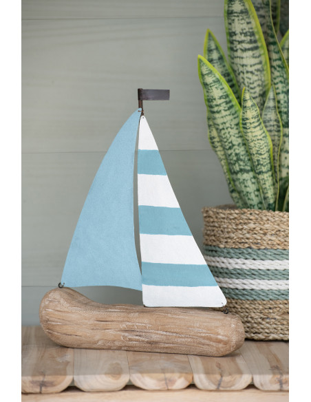 Voilier déco bord de mer H 19 cm Bois de paulownia Bleu clair Blanc Naturel Nautina 