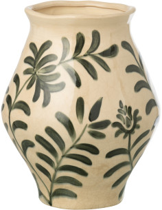 Vase style méditerrannéen Jarre H 31 cm Grès Blanc cassé Vert foncé Motif feuillage Verdania 