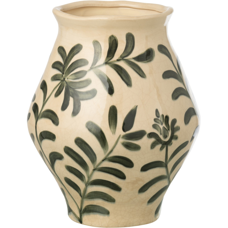 Vase style méditerrannéen Jarre H 31 cm Grès Blanc cassé Vert foncé Motif feuillage Verdania 