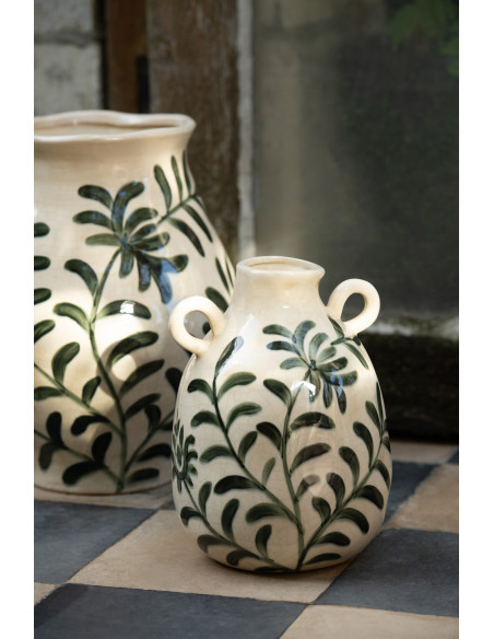 Vase style méditerrannéen Jarre H 31 cm Grès Blanc cassé Vert foncé Motif feuillage Verdania 