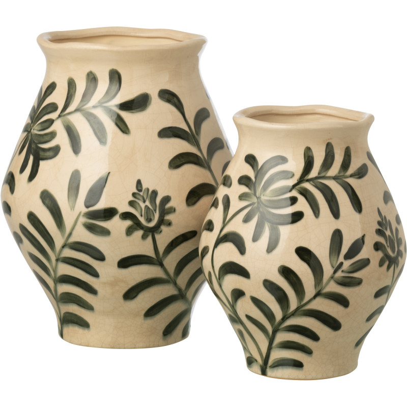 Vase style méditerrannéen Jarre H 31 cm Grès Blanc cassé Vert foncé Motif feuillage Verdania 