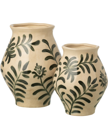 Vase style méditerrannéen Jarre H 31 cm Grès Blanc cassé Vert foncé Motif feuillage Verdania 