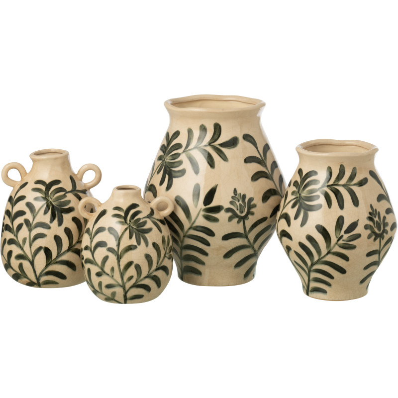 Vase style méditerrannéen Jarre H 31 cm Grès Blanc cassé Vert foncé Motif feuillage Verdania 
