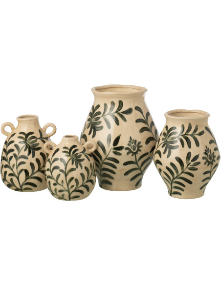 Vase style méditerrannéen Jarre H 31 cm Grès Blanc cassé Vert foncé Motif feuillage Verdania 