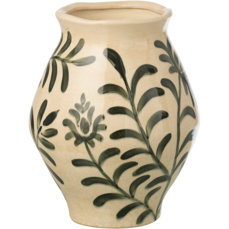 Vase style méditerranéen Jarre H 25 cm Grès Blanc cassé Vert foncé Motif feuillage Verdania J-Line - 1