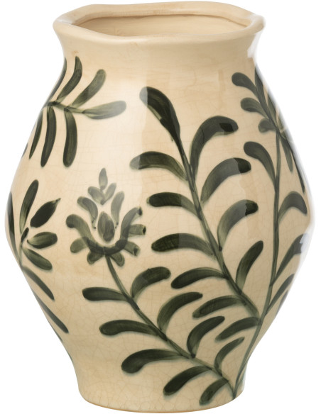 Vase style méditerranéen Jarre H 25 cm Grès Blanc cassé Vert foncé Motif feuillage Verdania J-Line - 1