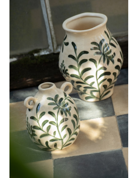 Vase style méditerranéen Jarre H 25 cm Grès Blanc cassé Vert foncé Motif feuillage Verdania J-Line - 2
