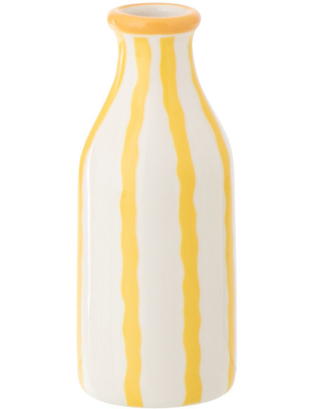 Vase style méditerrannéen Bouteille H 14 cm Dolomite Blanc Jaune Motif lignes Solawa 