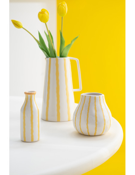 Vase style méditerrannéen Bouteille H 14 cm Dolomite Blanc Jaune Motif lignes Solawa 