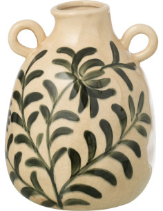 Vase style méditerrannéen avec anses Amphore H 27 cm Grès Blanc cassé Vert foncé Motif feuillage Verdania 