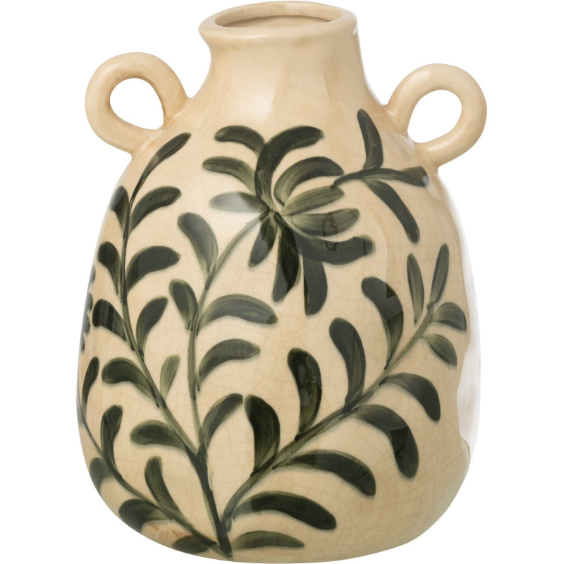 Vase style méditerrannéen avec anses Amphore H 27 cm Grès Blanc cassé Vert foncé Motif feuillage Verdania 