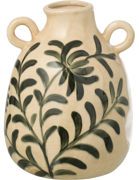 Vase style méditerrannéen avec anses Amphore H 27 cm Grès Blanc cassé Vert foncé Motif feuillage Verdania 