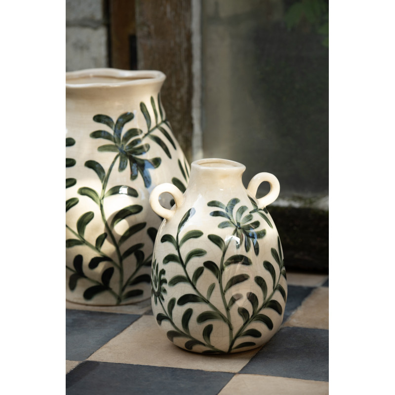 Vase style méditerrannéen avec anses Amphore H 27 cm Grès Blanc cassé Vert foncé Motif feuillage Verdania 