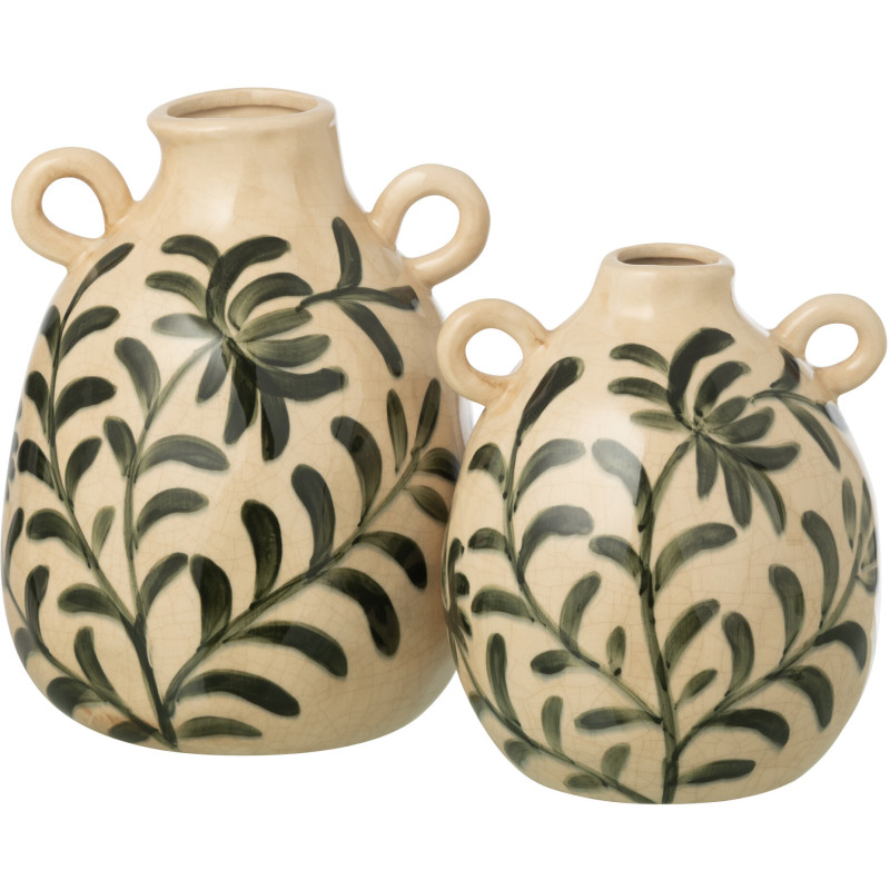 Vase style méditerrannéen avec anses Amphore H 27 cm Grès Blanc cassé Vert foncé Motif feuillage Verdania 