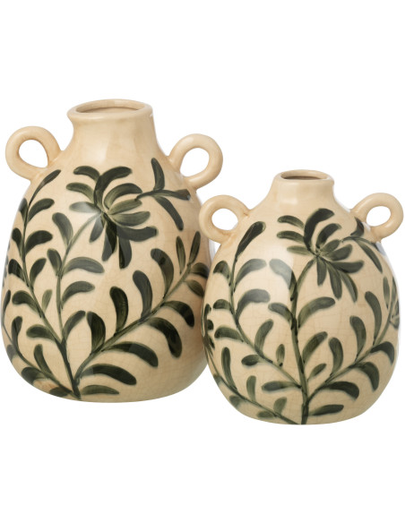 Vase style méditerrannéen avec anses Amphore H 27 cm Grès Blanc cassé Vert foncé Motif feuillage Verdania 