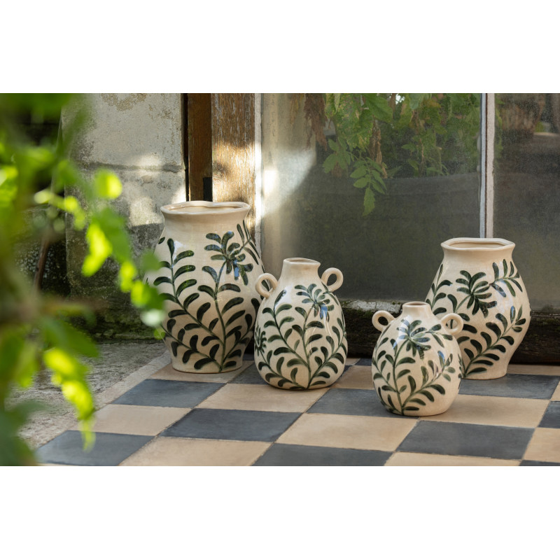 Vase style méditerrannéen avec anses Amphore H 27 cm Grès Blanc cassé Vert foncé Motif feuillage Verdania 