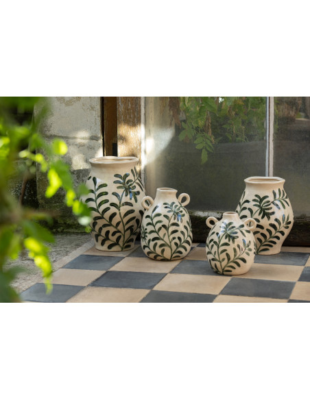 Vase style méditerrannéen avec anses Amphore H 27 cm Grès Blanc cassé Vert foncé Motif feuillage Verdania 