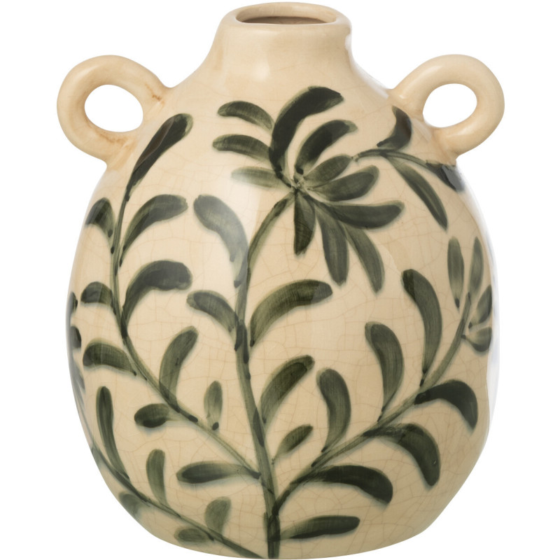 Vase style méditerranéen avec anses Amphore H 19 cm Grès Blanc cassé Vert foncé Motif feuillage Verdania J-Line - 1