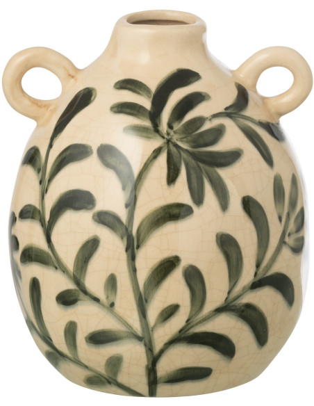 Vase style méditerranéen avec anses Amphore H 19 cm Grès Blanc cassé Vert foncé Motif feuillage Verdania J-Line - 1