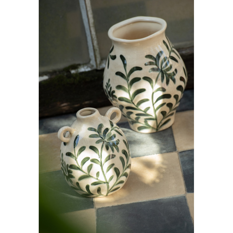Vase style méditerranéen avec anses Amphore H 19 cm Grès Blanc cassé Vert foncé Motif feuillage Verdania J-Line - 2