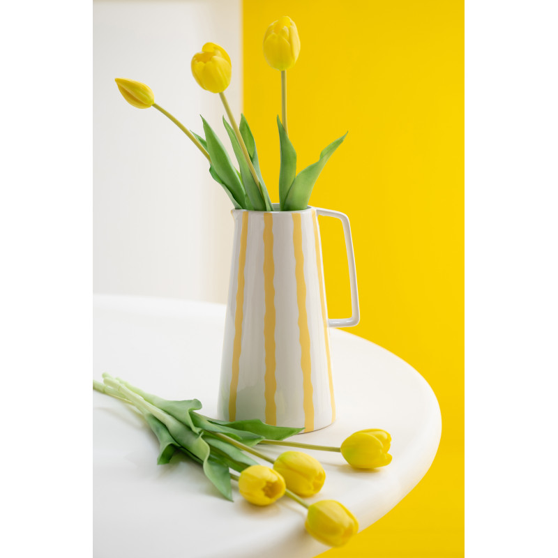 Vase style méditerrannéen avec anse Pichet H 22 cm Dolomite Blanc Jaune Motif lignes Solawa 