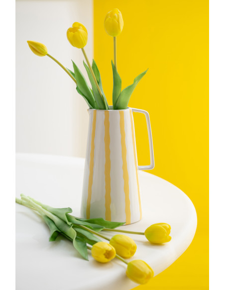 Vase style méditerrannéen avec anse Pichet H 22 cm Dolomite Blanc Jaune Motif lignes Solawa 