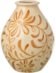 Vase style folk méditerrannéen avec anses Ovoïde H 29 cm Grès Blanc cassé Ocre Motif fleurs Floretta 