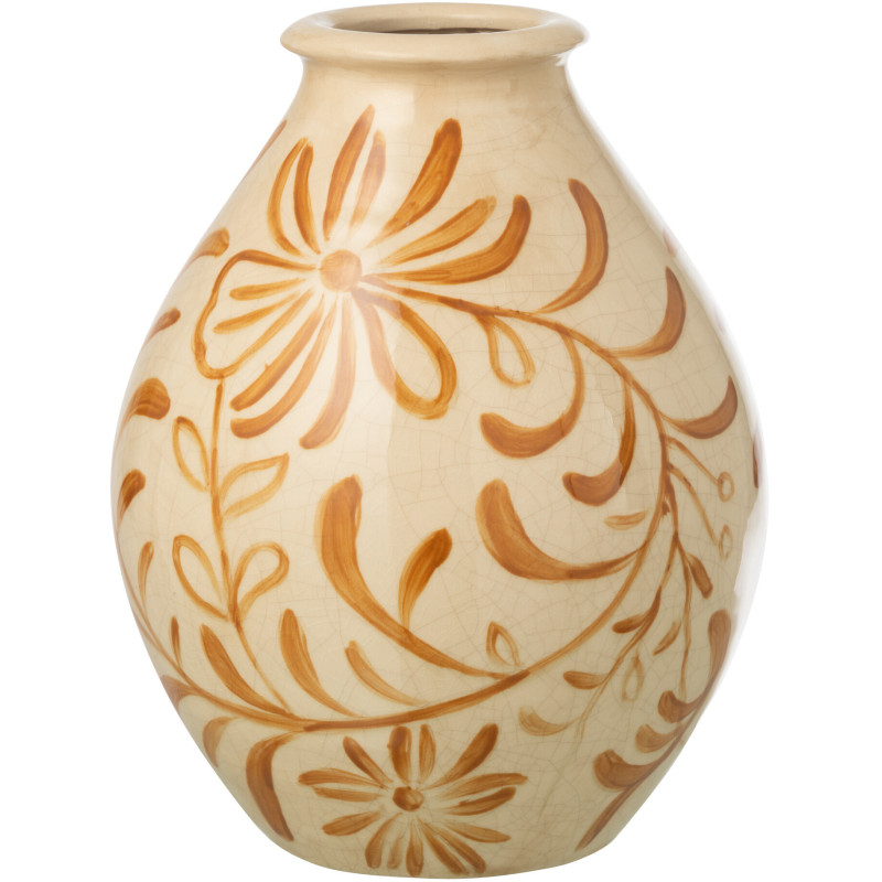 Vase style folk méditerrannéen avec anses Ovoïde H 29 cm Grès Blanc cassé Ocre Motif fleurs Floretta 