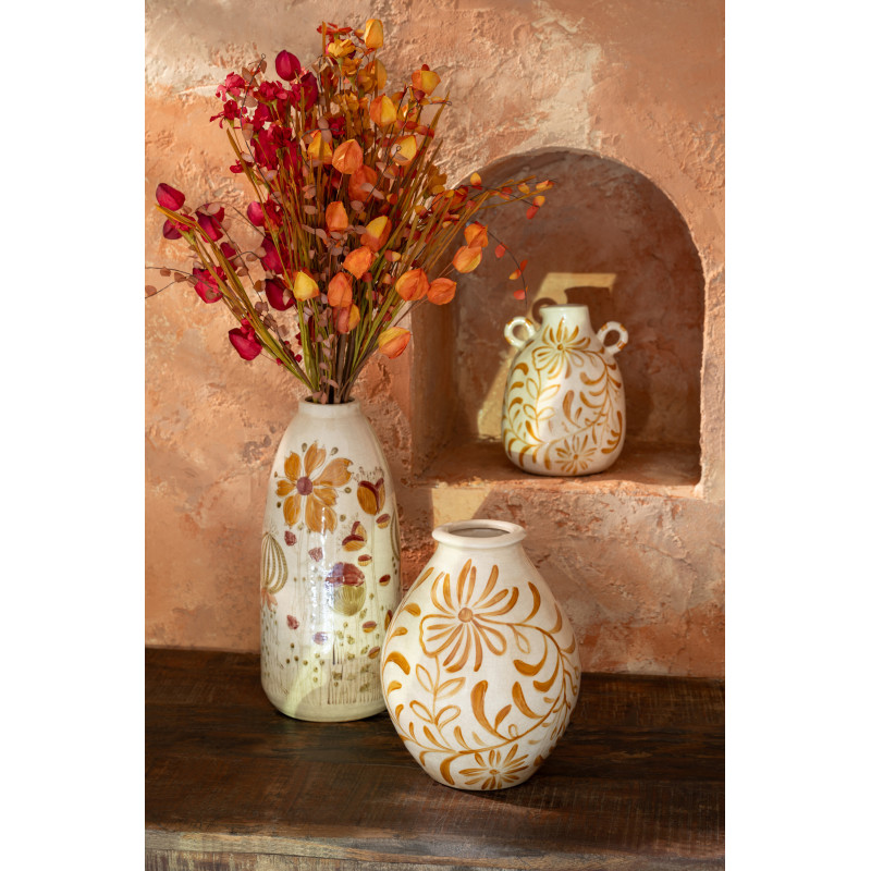 Vase style folk méditerrannéen avec anses Ovoïde H 29 cm Grès Blanc cassé Ocre Motif fleurs Floretta 