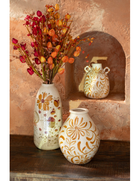 Vase style folk méditerrannéen avec anses Ovoïde H 29 cm Grès Blanc cassé Ocre Motif fleurs Floretta 